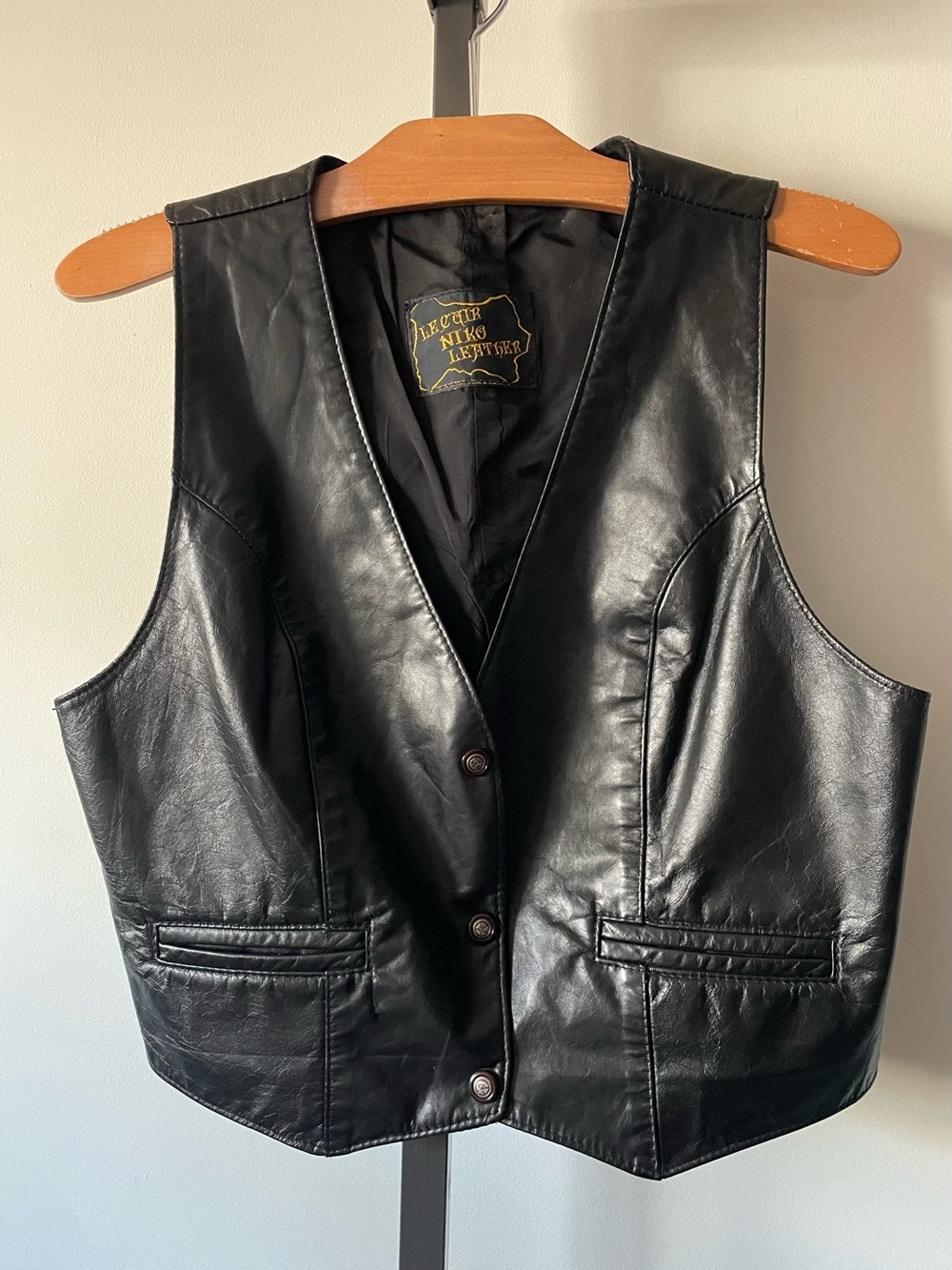90s Vintage Niko Genuine Leather Black Button Down Waistcoat Vest Biker Grunge